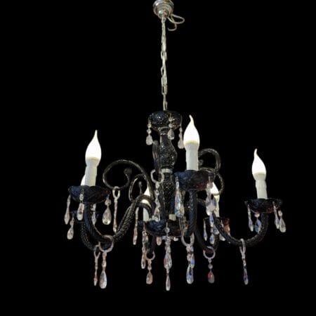 Lampadario 6 luci in vetro nero con pendagli in vetro chiaro sfaccettato