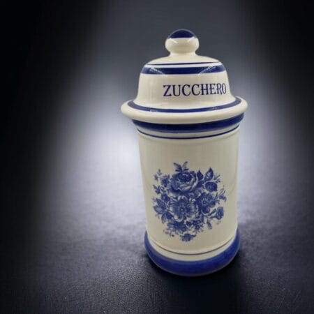 Vaso in ceramica bianco e blu con coperchio (barattolo zucchero)