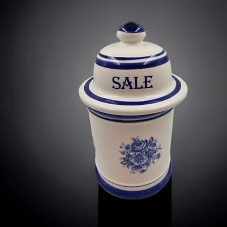 Vaso in ceramica bianco e blu con coperchio vintage