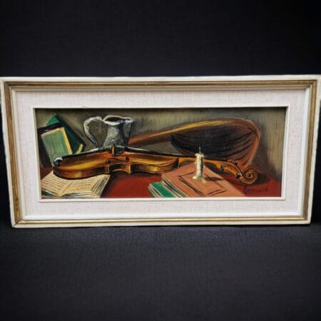 Quadro dipinto Olio firmato W. Martuzzi con violino su tela 40x15 cm