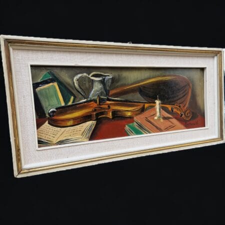 Quadro dipinto Olio firmato W. Martuzzi con violino su tela 40x15 cm