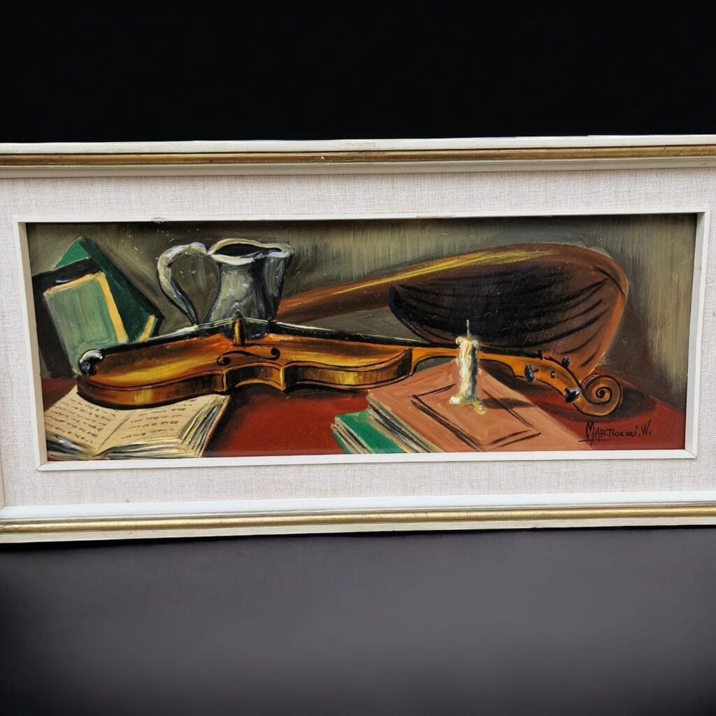 Quadro dipinto Olio firmato W. Martuzzi con violino su tela 40x15 cm