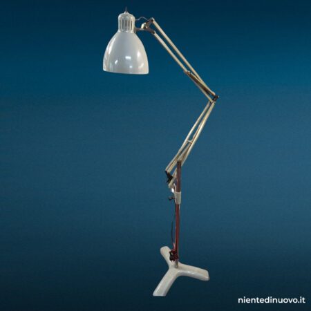 Lampada piantana in metallo vintage con rotelle e paralume smaltato