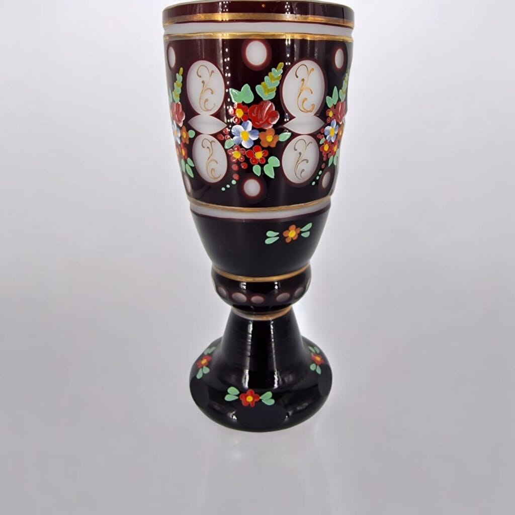 Calice in cristallo di Boemia decorato a mano con fiori e oro, pezzo unico