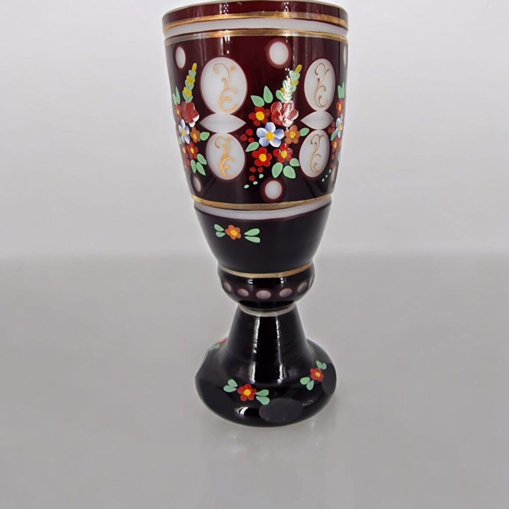 Calice in cristallo di Boemia decorato a mano con fiori e oro, pezzo unico