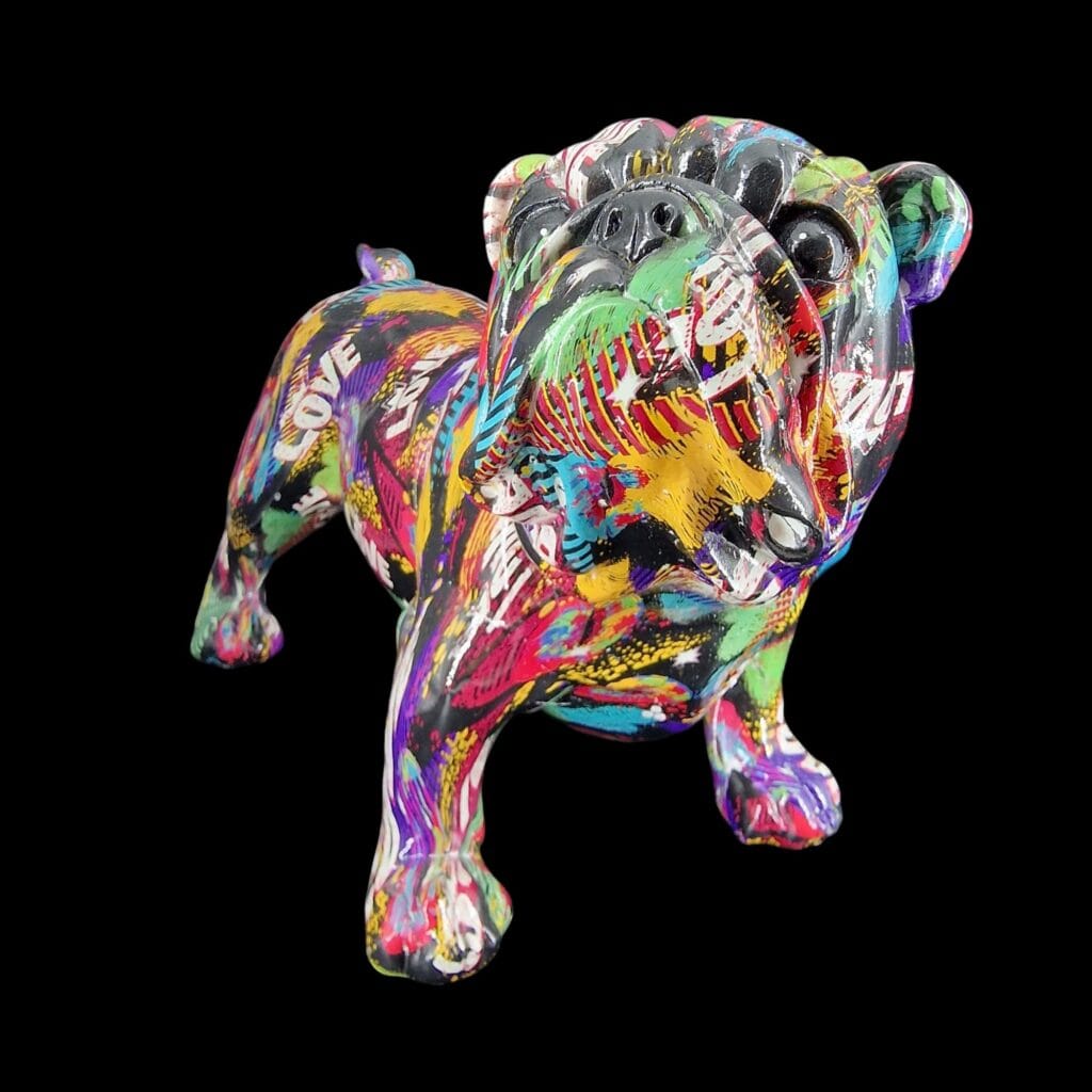 Scultura Bulldog multicolore in resina decorata LOVE
