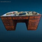 Scrivania Art Deco' in radica anni '20 con piano in vetro nero e cassetti