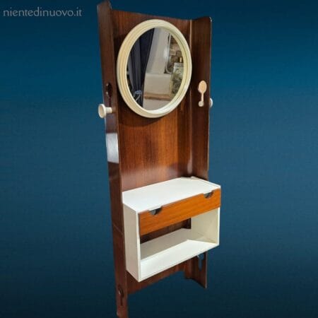Attaccapanni Vintage Carlo De Carli con specchio, in legno di palissandro, con cassetto portaoggetti e dettagli bianchi.