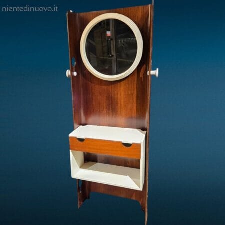 Attaccapanni Vintage Carlo De Carli con specchio, in legno di palissandro, con cassetto portaoggetti e dettagli bianchi.