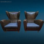 Coppia di poltrone vintage anni 60 in similpelle skay marrone con cuscini in tessuto, design originale e in buone condizioni.