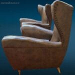 Coppia di poltrone vintage anni 60 in similpelle skay marrone con cuscini in tessuto, design originale e in buone condizioni.