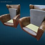 Coppia di poltrone vintage anni 60 in similpelle skay marrone con cuscini in tessuto, design originale e in buone condizioni.