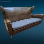 Divano vintage anni 60 in skay marrone con piedini in legno e cuscino rifatto, elegante e autentico.