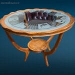 04651_1.jpg tavolino coffeetable tondo anni 50 con vetro decorato e struttura in legno