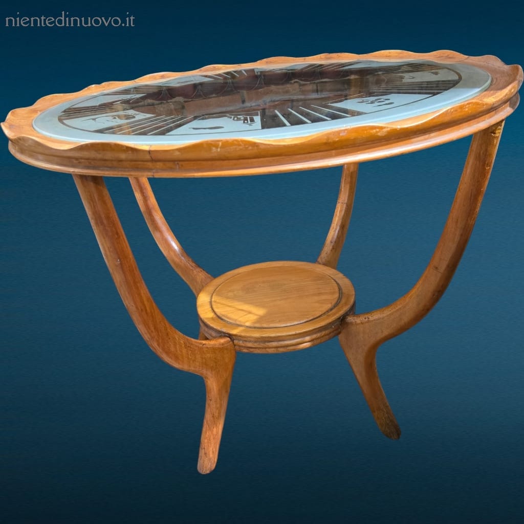 04651_6.jpg tavolino coffeetable tondo anni 50 con vetro decorato e struttura in legno
