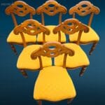 Set di sei sedie in noce 800 con struttura robusta e finemente lavorata, ideale per arredare ambienti eleganti e senza tempo.