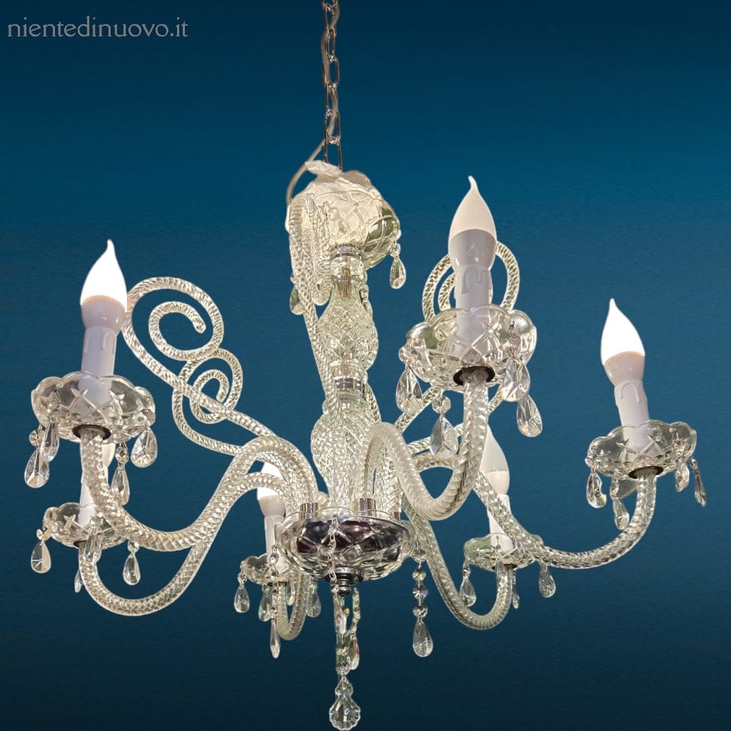 Lampadario a 6 luci cristallo chiaro con pendagli veneziani