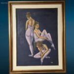 9002366.jpg Dipinto incorniciato ballerine in olio su legno, firmato da autore sconosciuto, con cornice elegante e passepartout.