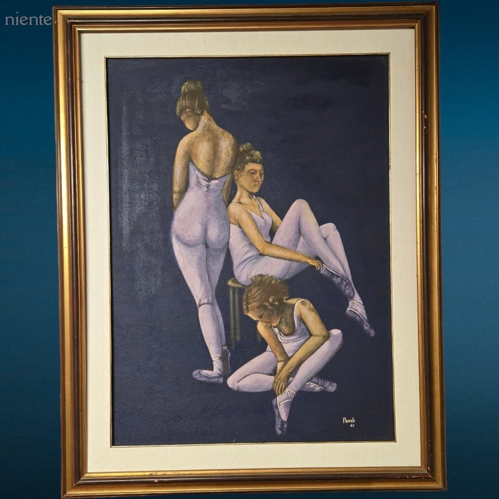 9002366.jpg Dipinto incorniciato ballerine in olio su legno, firmato da autore sconosciuto, con cornice elegante e passepartout.