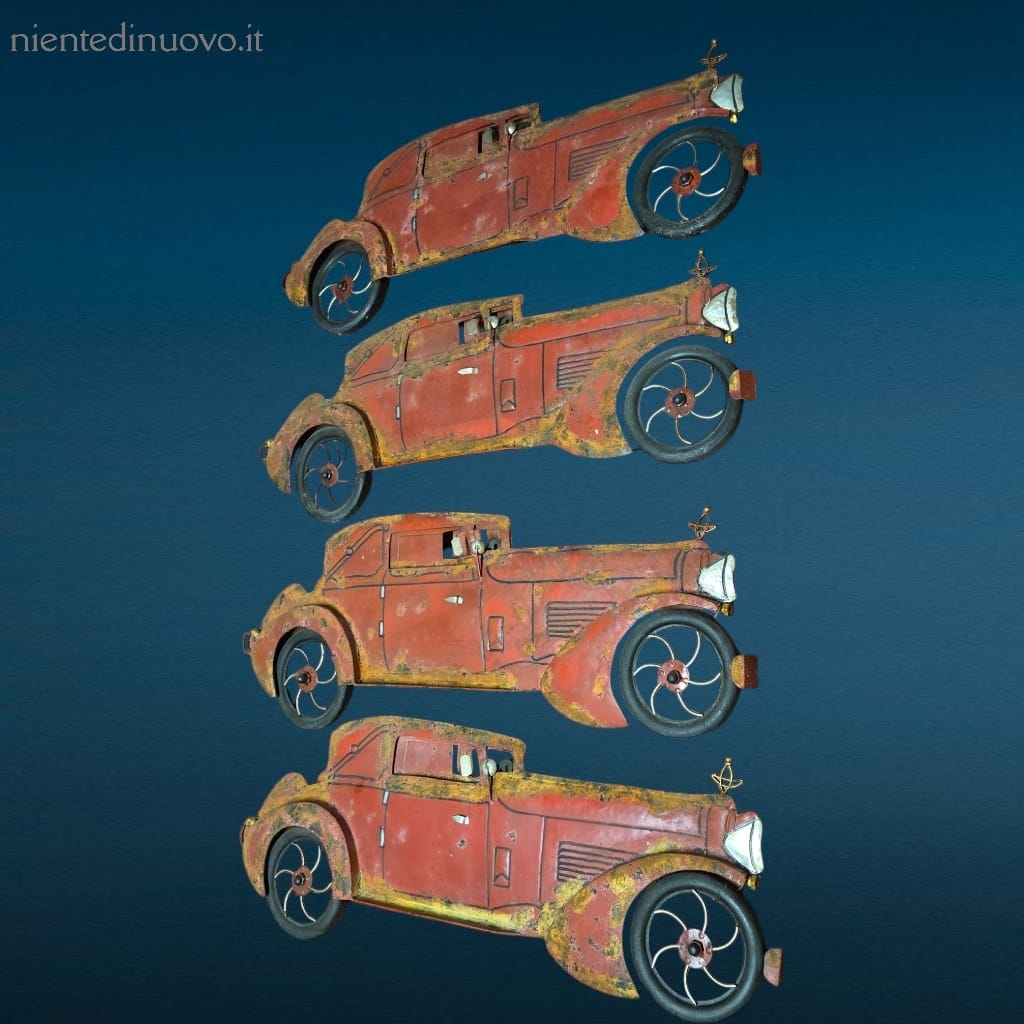 Pannello auto d'epoca in latta con tracce di ruggine, perfetto per collezionisti e amanti dello stile vintage.