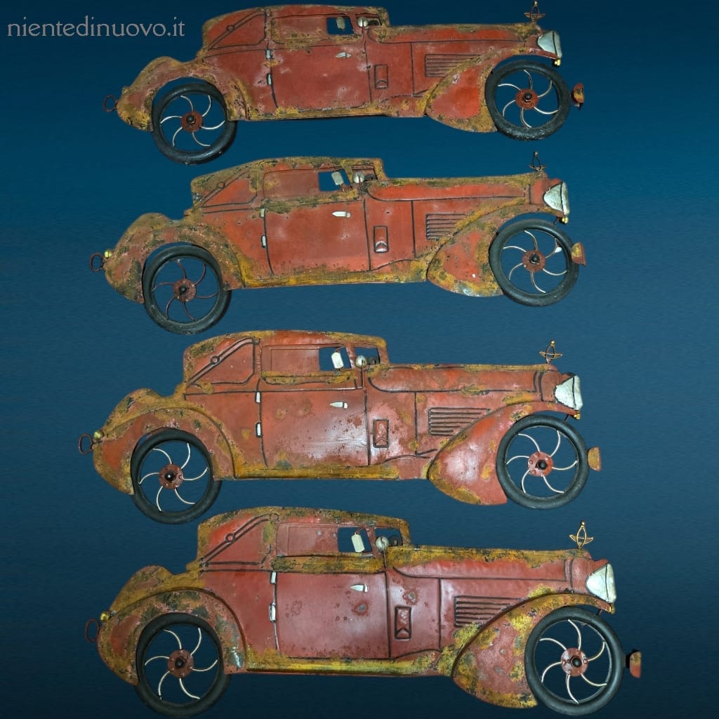 Pannello auto d'epoca in latta con tracce di ruggine, perfetto per collezionisti e amanti dello stile vintage.