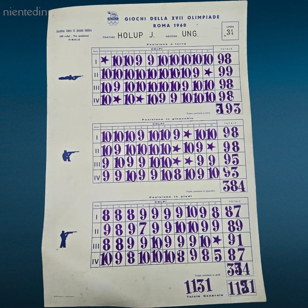 Tabella XVII Olimpiade Roma 1960 originale con risultati di tiro, set di 6 tabelle storiche