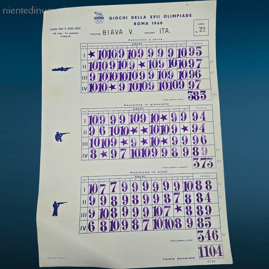 Tabella XVII Olimpiade Roma 1960 originale con risultati di tiro, set di 6 tabelle storiche