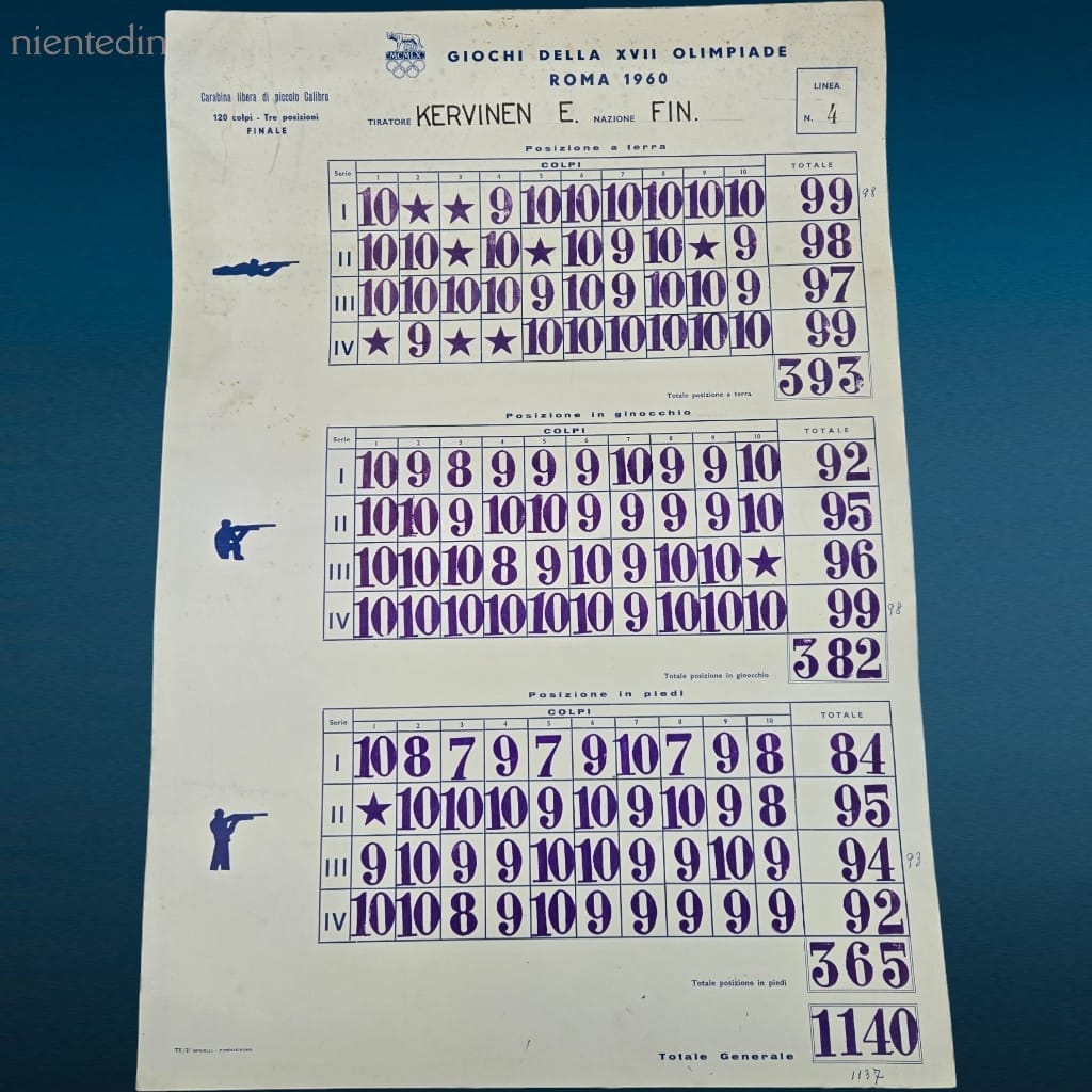 Tabella XVII Olimpiade Roma 1960 originale con risultati di tiro, set di 6 tabelle storiche