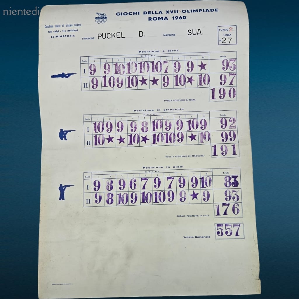 Tabella XVII Olimpiade Roma 1960 originale con risultati di tiro, set di 6 tabelle storiche