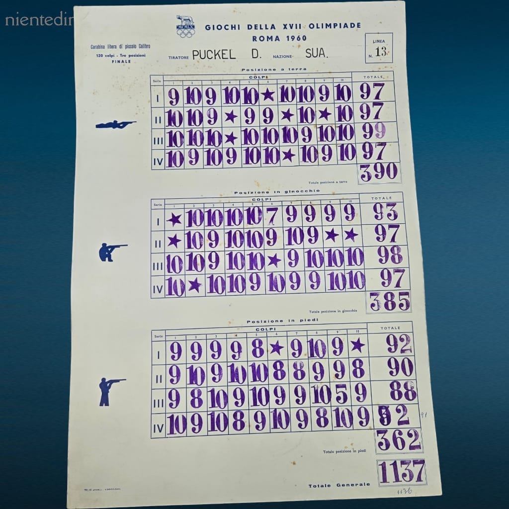 Tabella XVII Olimpiade Roma 1960 originale con risultati di tiro, set di 6 tabelle storiche