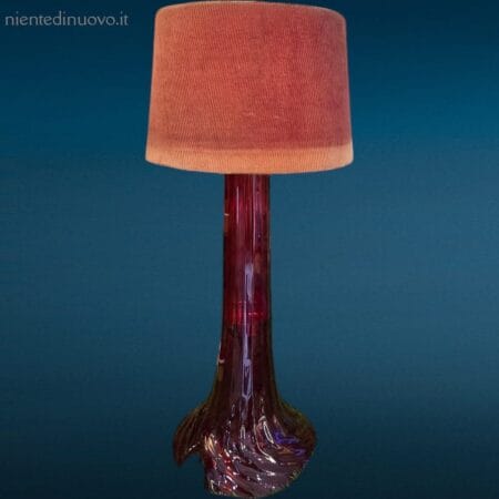 Lampada da tavolo vintage con paralume in velluto rosato e base in vetro pirex lavorato