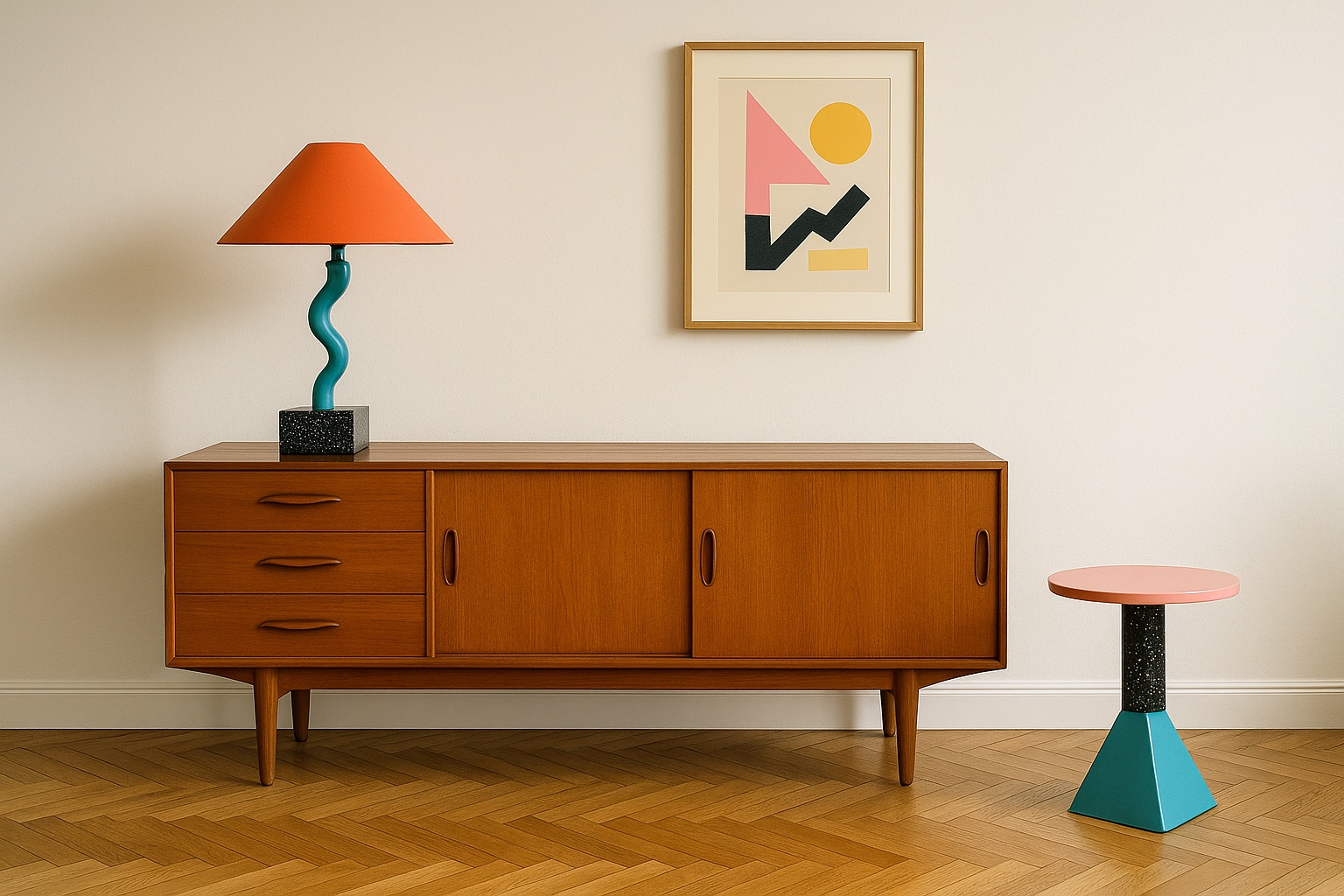Confronto di stili tra mobili anni ’50 e oggetti di design anni ’80 in un interno armonico.