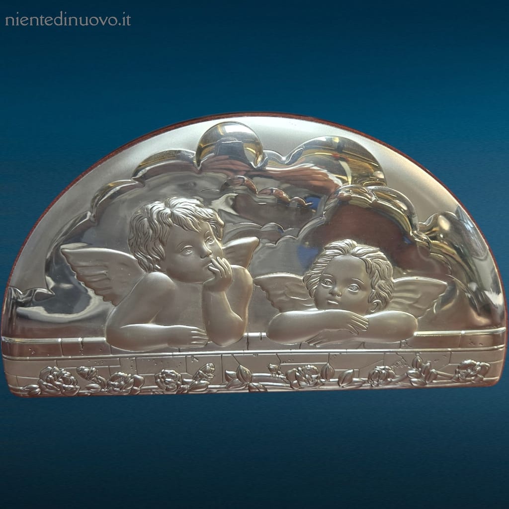 41383.jpg quadretto da appoggio mezzaluna argentata con angeli su sfondo lucido