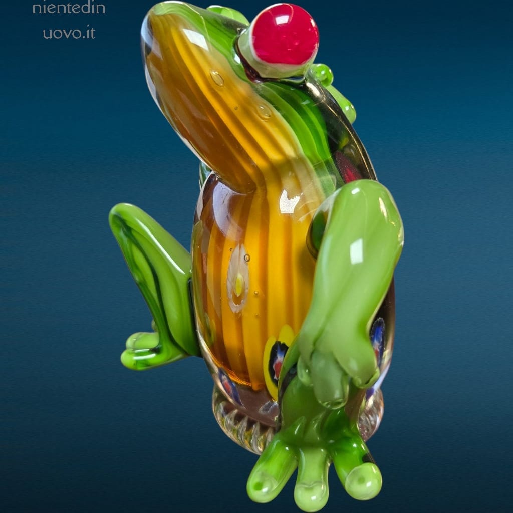 Scultura artigianale di rana in vetro verde colorato