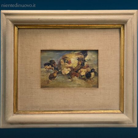 Vecchio dipinto ad olio raffigurante chioccia con pulcini su tavoletta in legno
