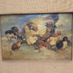 41444_1.jpg Vecchio dipinto ad olio raffigurante chioccia con pulcini su tavoletta in legno