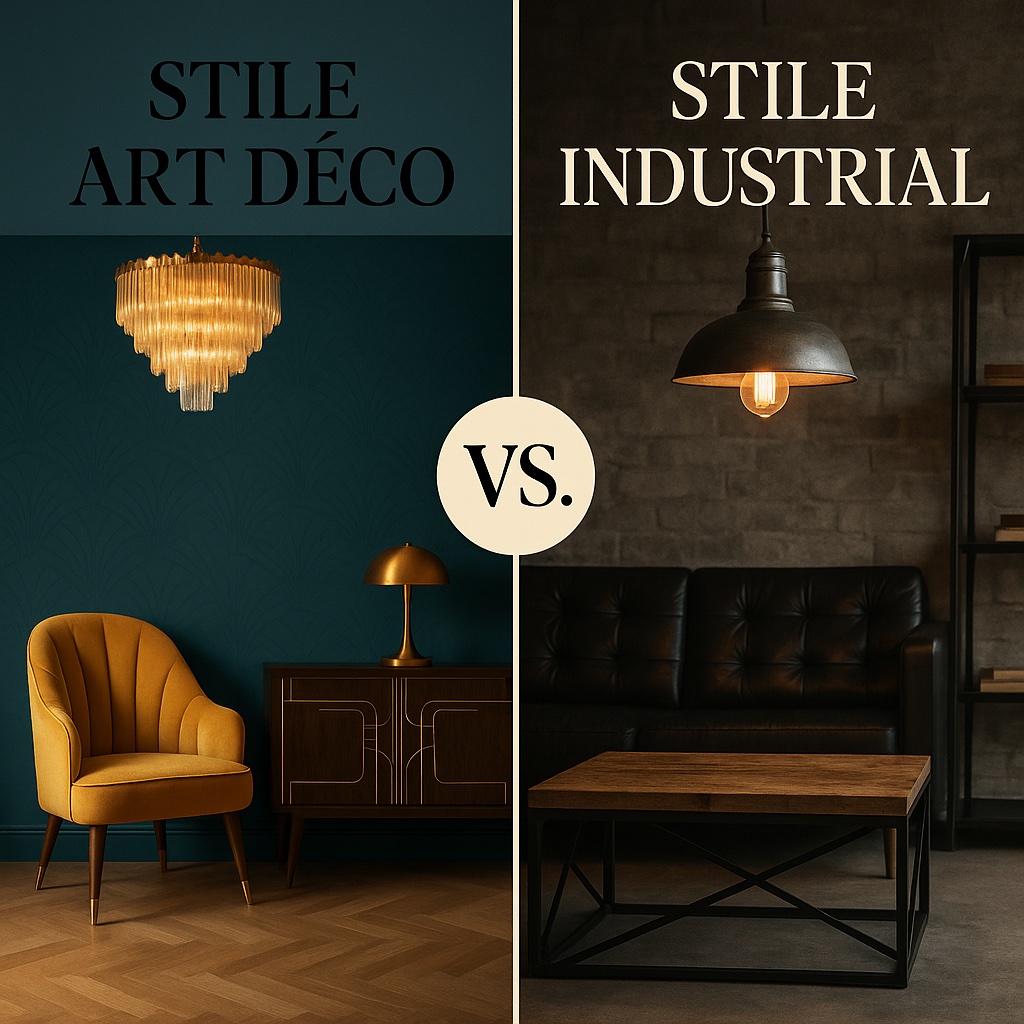 Confronto visivo tra un salotto in stile Art Déco e uno in stile industriale con materiali grezzi e colori neutri