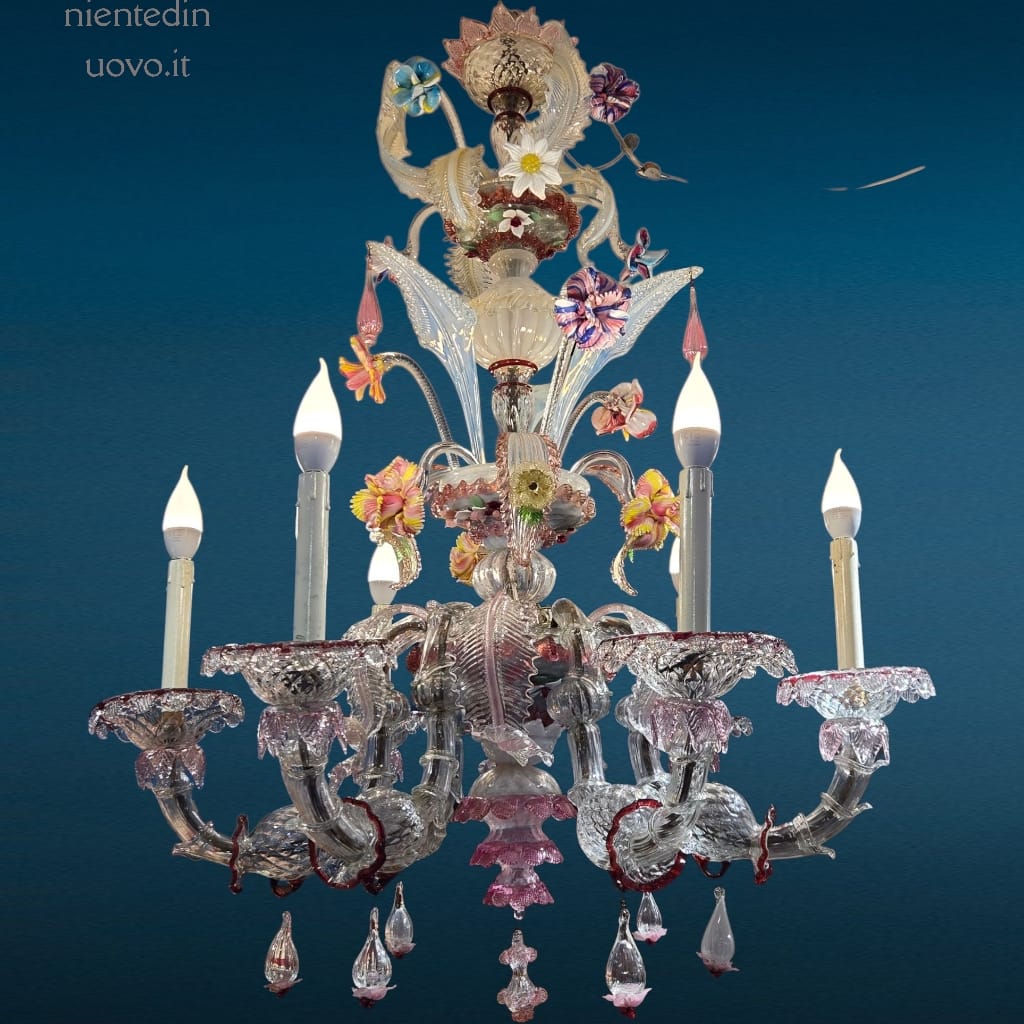 lampadario Ca Rezzonico Murano 6 luci in vetro soffiato con fiori e foglie colorate, primi '900