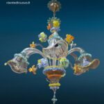 lampadario veneziano 6 luci in pasta di vetro colorata con decorazioni floreali