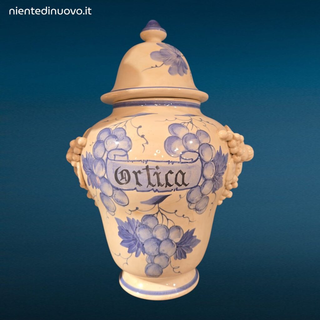 Vaso da Farmacia Erboristeria in ceramica decorata con coperchio e motivi fruttati