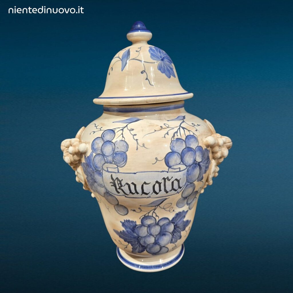 Vaso da Farmacia Erboristeria in ceramica decorata con coperchio e motivi fruttati