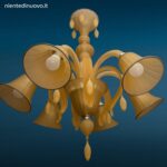 Lampadario moderno in vetro satinato ambra con sei luci e pendenti in vetro soffiato