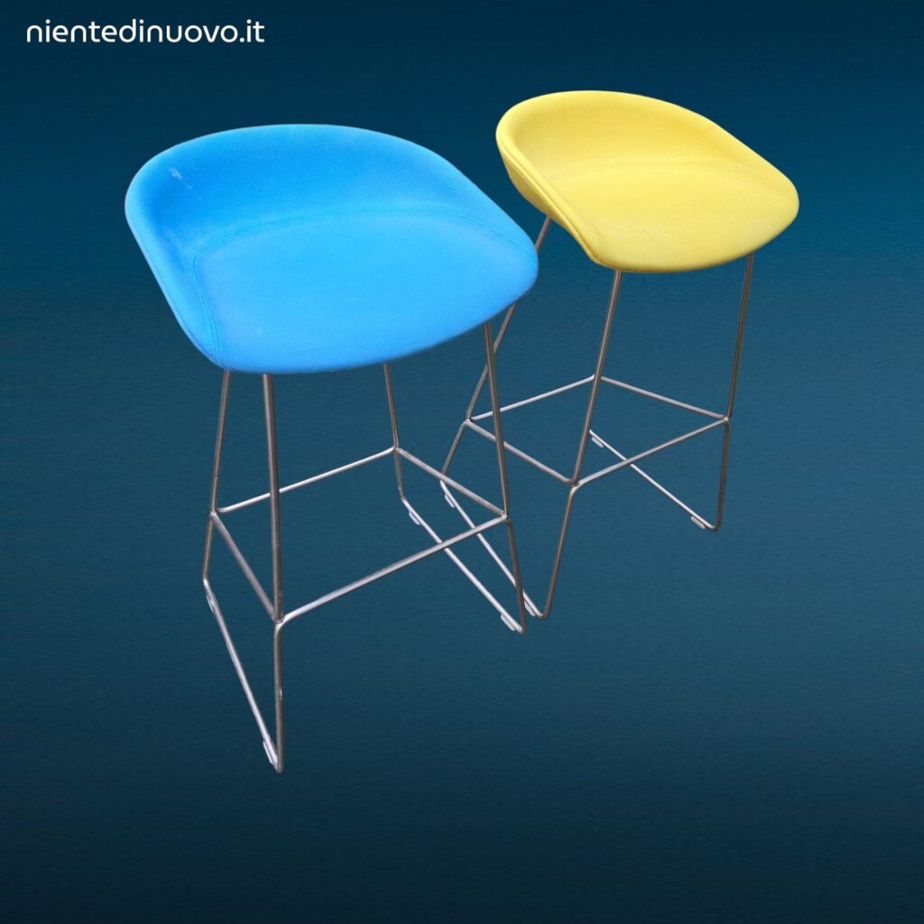 Sgabello minimalista in acciaio colore giallo acido e azzurro