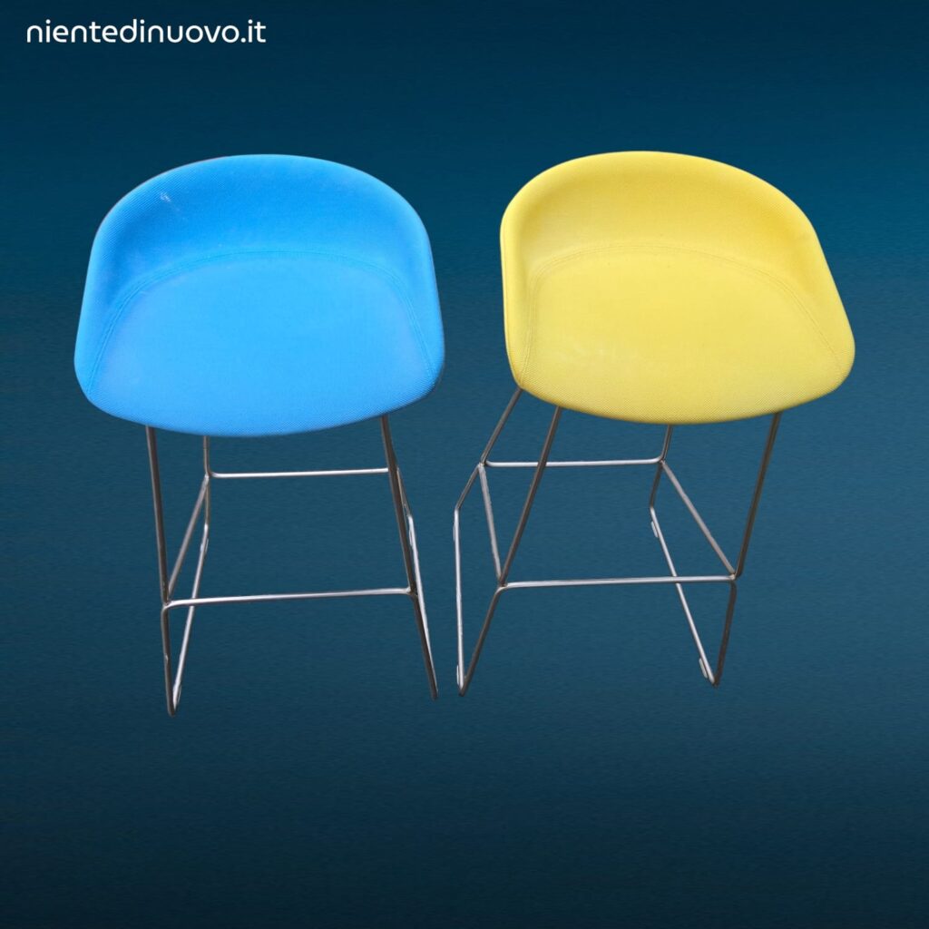 Sgabello minimalista in acciaio colore giallo acido e azzurro