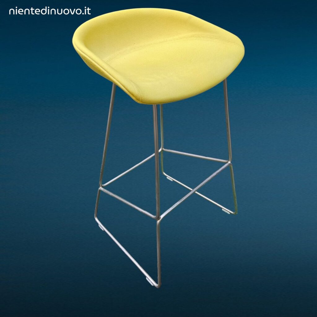 Sgabello minimalista in acciaio colore giallo acido e azzurro