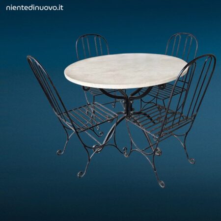 Set da giardino in ferro battuto pieno con tavolo rotondo piano in marmo diametro 110 cm e quattro sedie abbinate