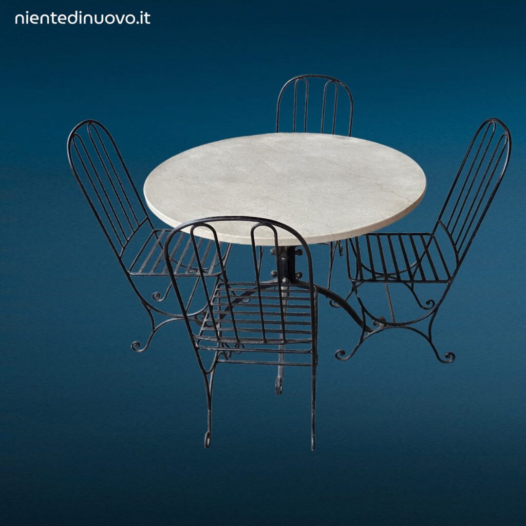 Set da giardino in ferro battuto pieno con tavolo rotondo piano in marmo diametro 110 cm e quattro sedie abbinate