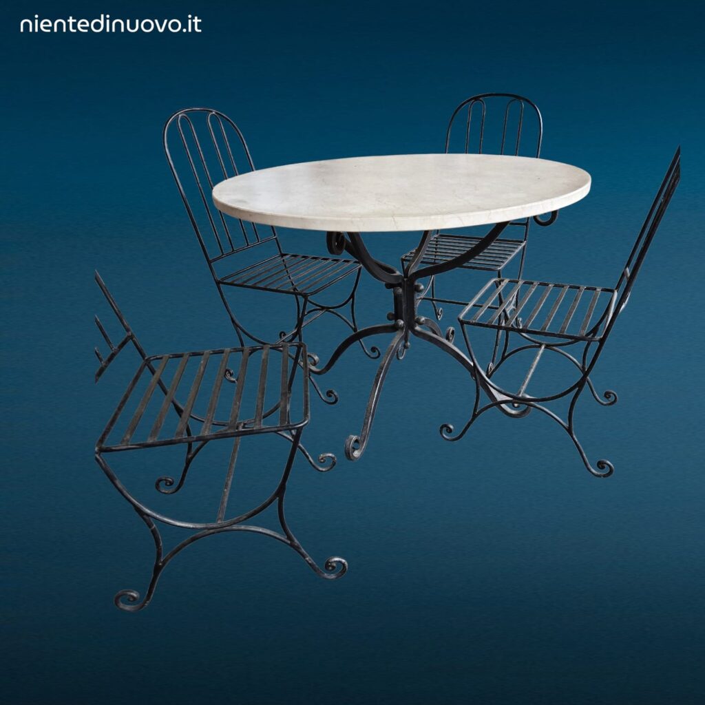 Set da giardino in ferro battuto pieno con tavolo rotondo piano in marmo diametro 110 cm e quattro sedie abbinate