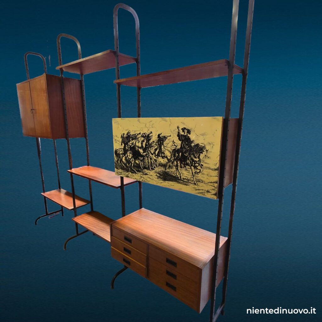 Libreria modulare anni '60 autoportante con cassettiera, ante e pannello decorativo