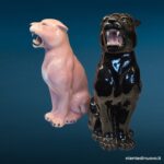Pantera in ceramica di Bassano, variante nera e rosa, scultura animalier seduta da 58 cm